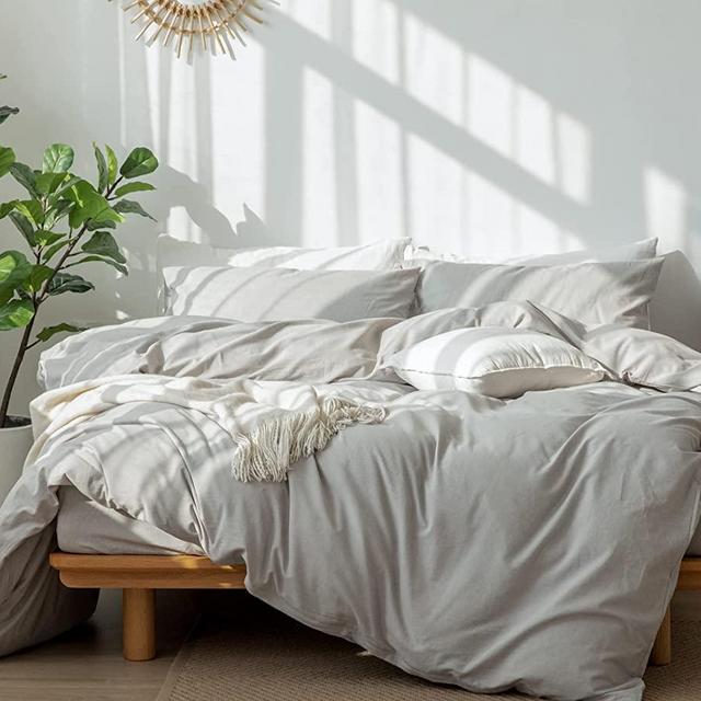 MooMee Bedding Duvet Cover Set 100% Washed Cotton Linen Like Textured Breathable Durable Soft Comfy (Pastel Grey, Queen)