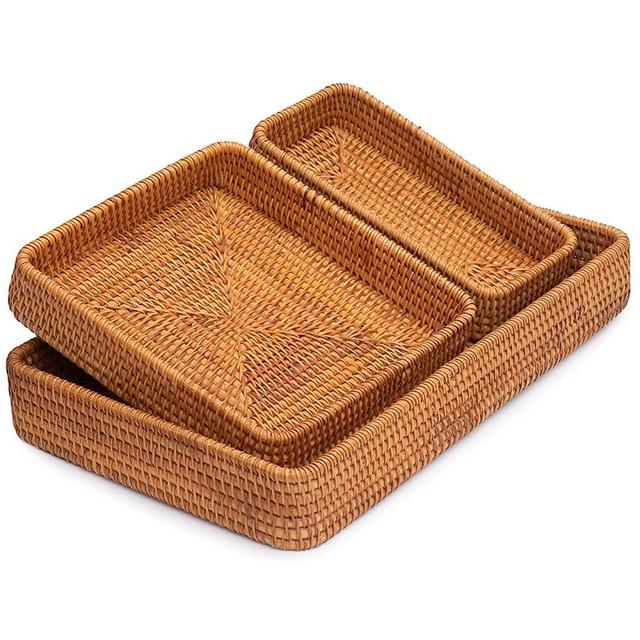 Wicker Baskets Trays Rattan Serving Tray Rectangle Vanity Basket Set of 3 for Bathroom Woven Storage and Organizer for Kitchen (Honey Brown)