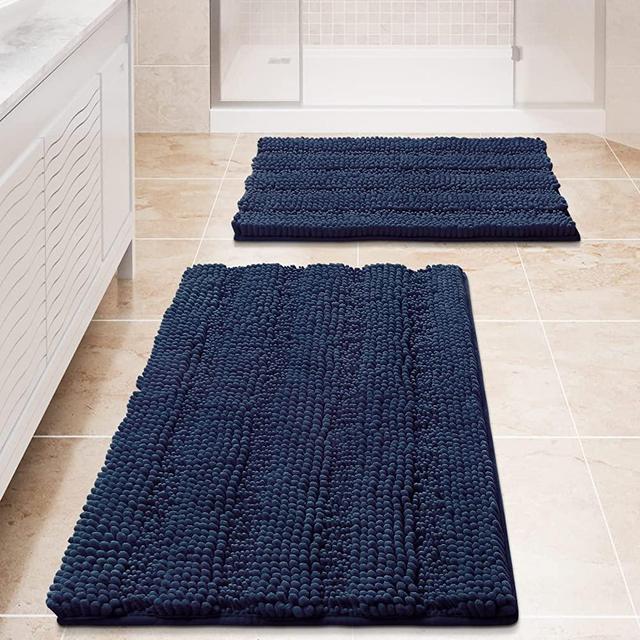 Thick Bathroom Rugs Bath Mat,2 Piece Anti-Slip Chenille Shaggy Bath Rugs for Bathroom,Super Absorbent Striped Shower Rug for Bathtub and Shower Floor,24"x17"+20"x32",Navy