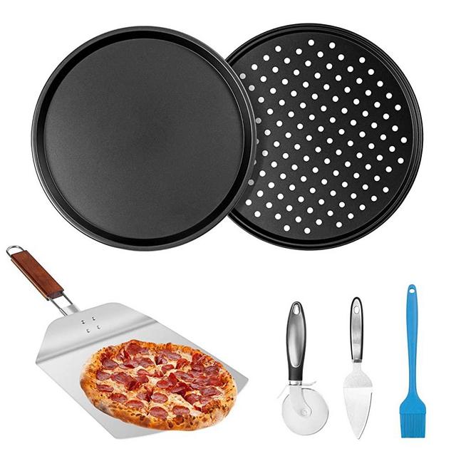 Pizza Pans with Holes 12 inch & Pizza Wheel Cutter Pizza Server Set, Stainless Steel Pizza Peel with Folding Handle, Nonstick Bakeware Pizza Crisper Pan Pizza Tray Slicer Oil Brush Oven Dishware Safe