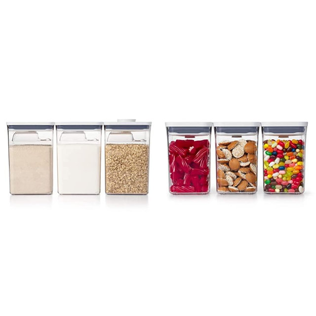 OXO Good Grips 6 Piece Large Canister Set with Scoops, 4.4 qt each, White & Good Grips 3-PC Small Square Short POP Container Set