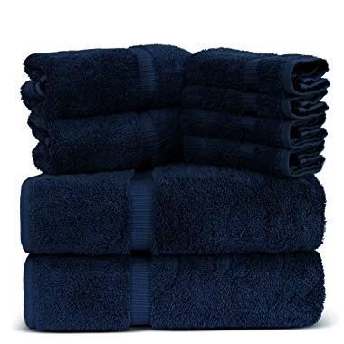 Towel Bazaar Luxury Hotel and Spa Quality Dobby Border 100% Turkish Cotton Eco-Friendly and Highly Absorbent Towel Set (Set of 8, Navy Blue)