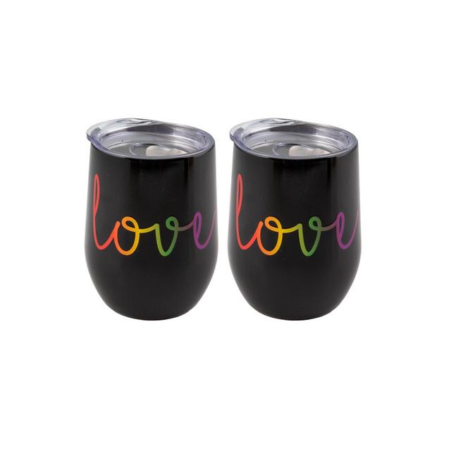 Double Wall 2 Pack of 12 oz Black Wine Tumblers with Metallic "Love" Decal