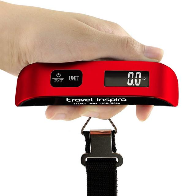 TIEL01ED - Travel Inspira Digital Hanging Postal Luggage Scale with Temperature Sensor Rubber Paint Technology White Backlight LCD Display 110LB / 50KG - Red