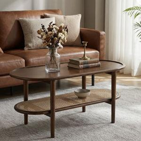 Arzate Solid Wood Oval Coffee Table with Rattan Shelf Single Coffee Table for Bedroom Small Space - Walnut