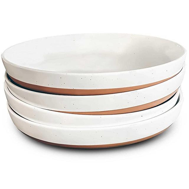 Mora Ceramic Flat Pasta Bowl Set of 4 - 35oz, Microwave Safe Plate with High Edge - Modern Porcelain Dinnerware for Kitchen and Eating, Large Wide Bowls/Plates for Serving Dinner, Salad, etc- Vanilla