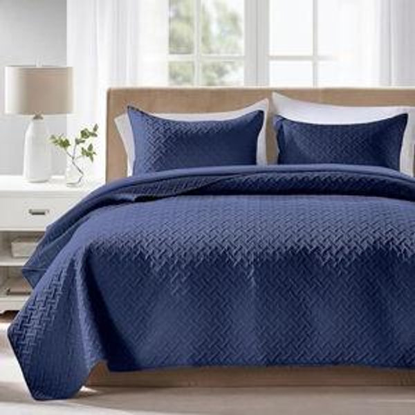 Quilts Queen Size - Ultra Soft Navy Blue Quilt Lightweight Microfiber Bedspreads, Classic Basket Weave Pattern Bedspread Bed Coverlet 3 Pieces for All-Season (1 Quilt, 2 Pillow Shams) | Breathable material, Easy care