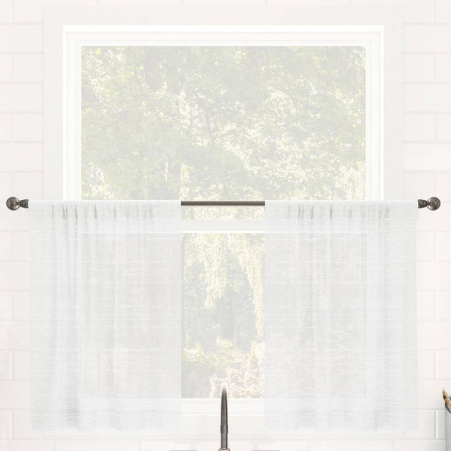 Set of 2 (24"x52") Textured Slub Striped Anti-Dust Linen Blend Sheer Cafe Curtain Tiers White - Clean Window
