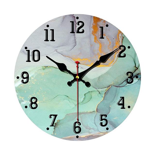 Green and Gold Marble Texture Wall Clock Non Ticking Silent 10 Inch Art Clock for Living Room Bedroom Office School Home Decor