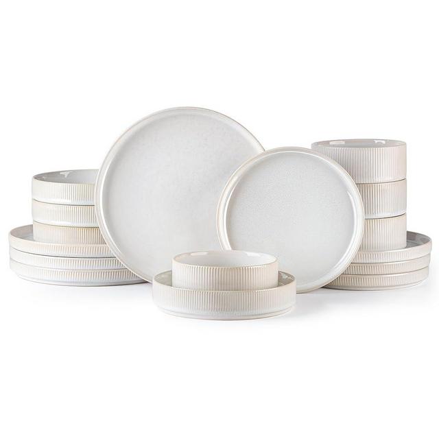 TheTerra Ceramic Dinnerware Sets with Pasta Bowls for 4, 16 Pieces Porcelain Lightweight Plates and Bowls Sets, Scratch Resistant Dish Set, Oven & Microwave & Dishwasher Safe, Reactive White
