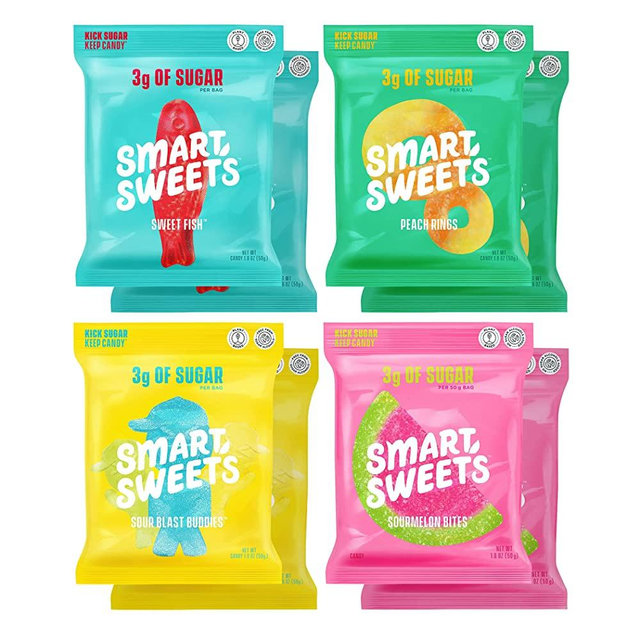 SmartSweets Variety Pack for Adults, Candy with Low Sugar & Calorie, Snack Care Package - Sweet Fish, Sourmelon Bites, Peach Rings, Sour Blast Buddies, 1.8oz (Pack of 8)