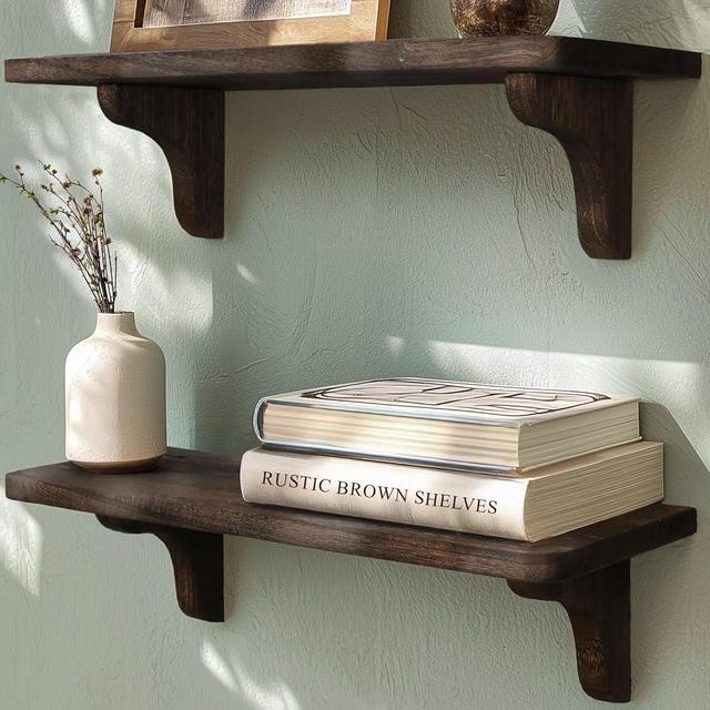 Real Wood Rustic Brown Wall Shelf - 17 inch (2 Pack) - Easy to Install, Template and Video Included - Wide Floating Shelves, Sturdy Wall Shelves, Wood Shelves for Wall, Large Wall Shelves