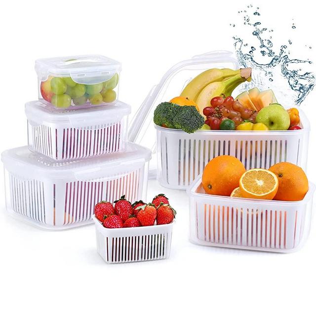 Fruit Vegetable Produce Storage Saver Containers with Lid & Colander | LUXEAR 5 Packs BPA-Free Plastic Fresh Keeper Set | Refrigerator Fridge Organizer | for Salad Berry Lettuce Food Meat Fish Celery