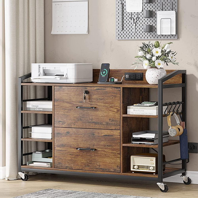 SEDETA 44" File Cabinet, Filing Cabinets fits Legal, Letter, A4 Size, 2 Drawer Office File Cabinet for Home Office with Lock, Power Strip, 6 Adjustable Shelves & 4 Hooks, Rustic Brown