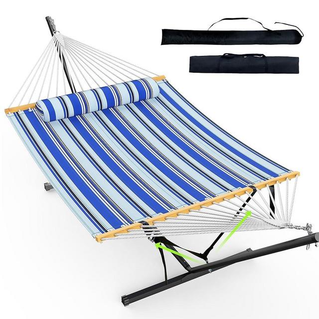 ANAGOO Double Hammock with Stand for Outdoor, Heavy Duty Portable Hammock with Adjustable Steel Stand for Patio, Garden, Beach, Backyard - Includes Carrying Bag,Blue