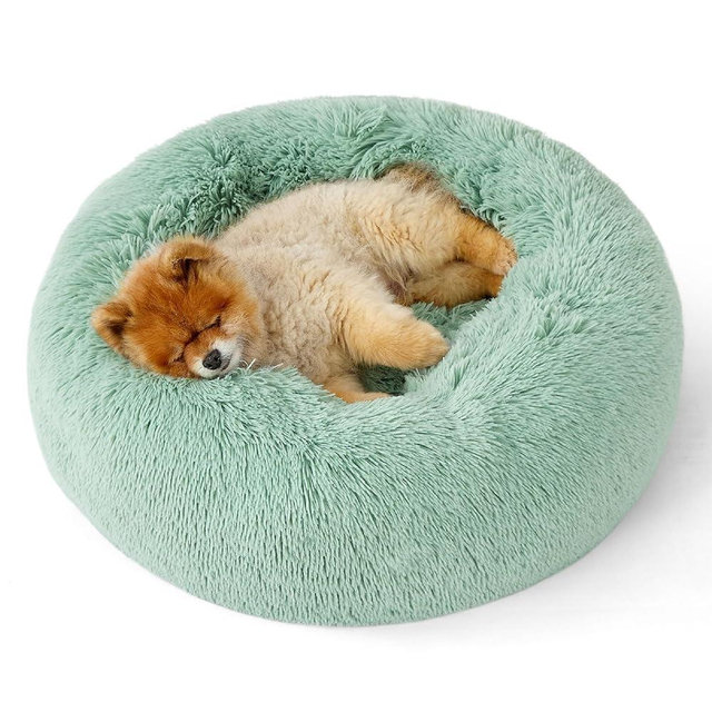 Bedsure Calming Dog Bed for Small Dogs - Donut Washable Small Pet Bed, 23 inches Anti-Slip Round Fluffy Plush Faux Fur Large Cat Bed, Fits up to 25 lbs Pets, Apple Green