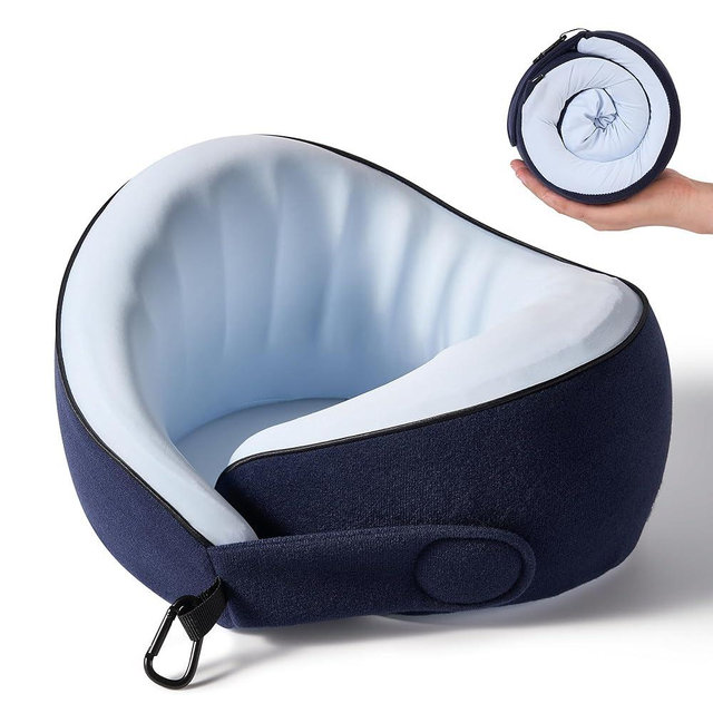 KPNEOL Travel Pillow, 100% Pure Memory Foam Travel Neck Pillow Airplane Neck Support Ergonomic Design for Traveling Suitable for Airplanes,Offices and Cars-Cooling Silk Blue