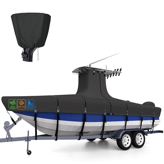 1200D 5-Ply T-Top Boat Cover for 20-22ft Center Console Boats with T Top Roof, Waterproof, Tear & Fade Resistant | Includes Motor Cover + Upgraded 17 Windproof Straps | All-Weather Protection