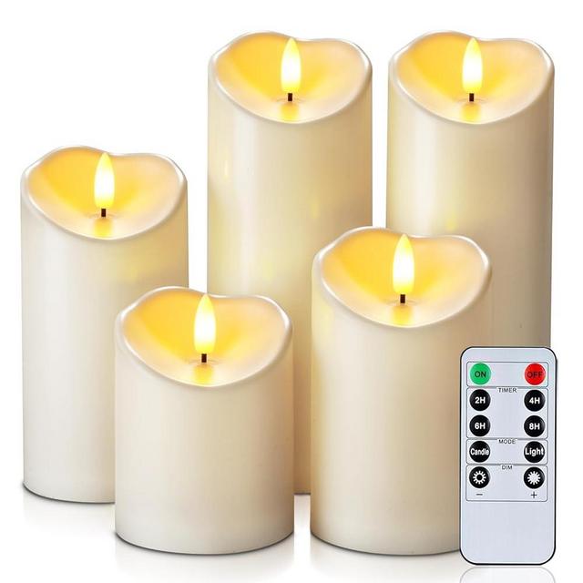 Homemory Outdoor Waterproof Flameless Candles, LED Candles, Battery Operated Candles with Remote and Timers, Electric Fake Plastic Pillar Candles, Ivory White, D3 H4 5" 6" 8" 8", Set of 5