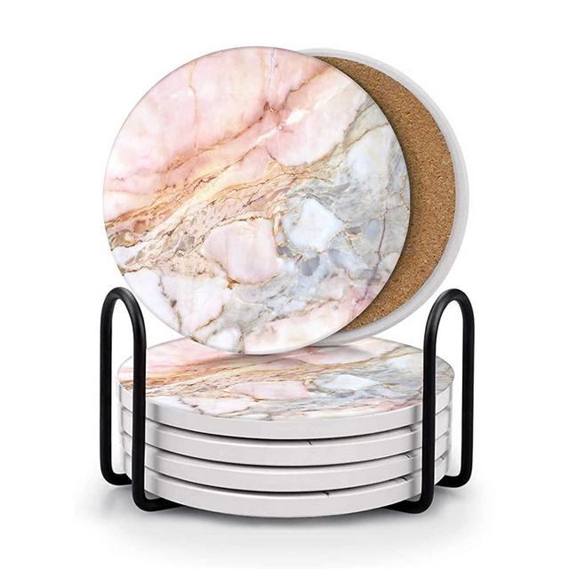 Britimes Coasters for Drinks Absorbent with Metal Holder Stand, Ceramic Stone Coaster Sets of 6, Marble Style Coaster for Wooden Table, Housewarming Gift Pink