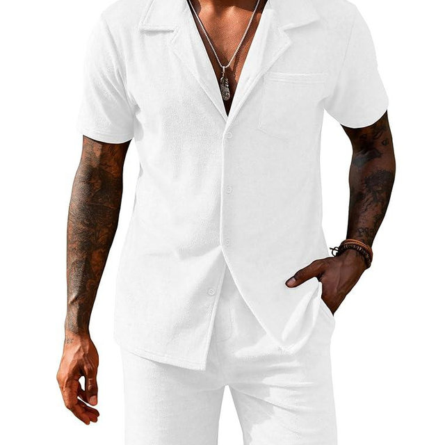 URRU Mens Short Sets 2 Piece Outfits Summer Beach Terry Short Sleeve Button Down Shirt and Shorts Set