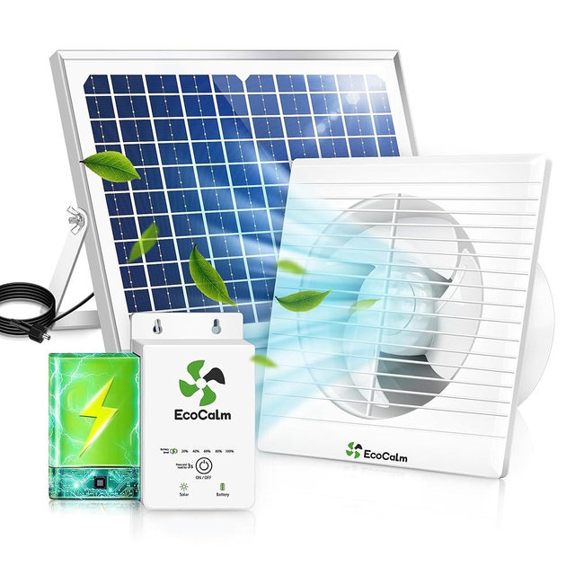 ecoCalm Solar Fan with Battery, 8" Solar Powered Fans for Shed with 25W Bifacial Solar Panel & Exhaust Fan for Greenhouse/Outside with Anti-backflow Valve