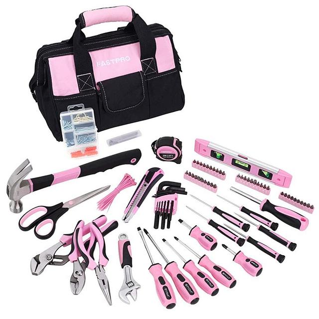 FASTPRO Pink Tool Set, 220-Piece Lady's Home Repairing Tool Kit with 12-Inch Wide Mouth Open Storage Tool Bag
