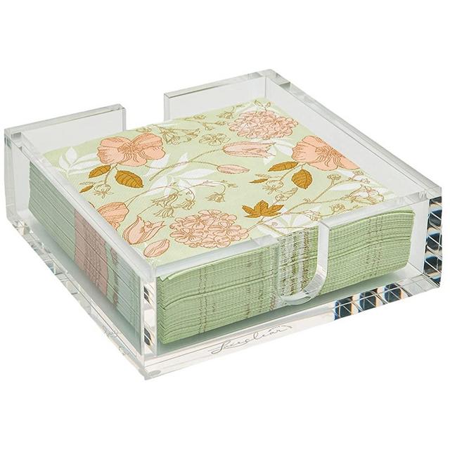 LUXECLEAR Thick Acrylic Napkin Holder - Includes 50 pieces 2ply Napkins, Clear Napkin Dispenser with Double Access Slots & Anti-Slip Bottom - Indoor & Outdoor Napkin Holder for Table - 7"x7" Square