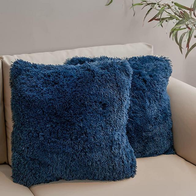 Cheer Collection Set of 2 Shaggy Long Hair Throw Pillows - Super Soft and Plush Faux Fur Accent Pillows - 20 x 20 inches, Navy Blue