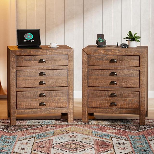 Merax Wood Nightstands Set of 2 with Charge Station, Bedside Tables 3 Drawer Night Stand with Drawers, Sofa Side End Table Dressers Organizer Vertical Storage for Bedroom & Living Room, Vintage Brown