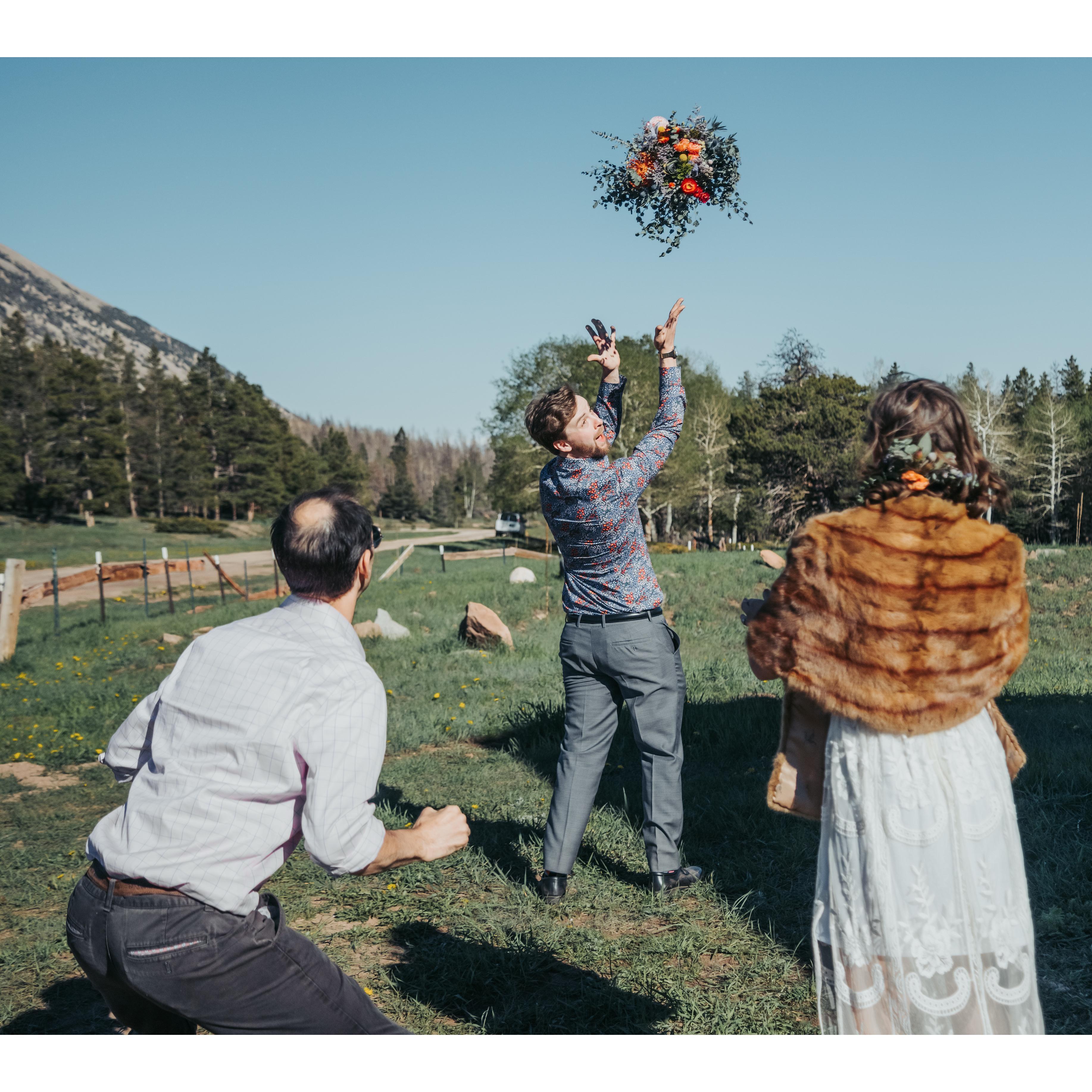 Impromptu bouquet toss with cousin Sam.