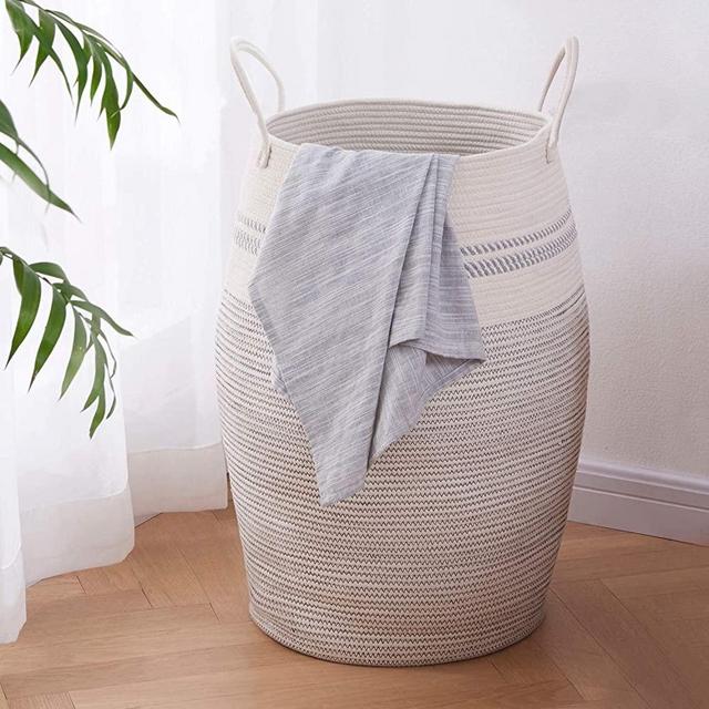 Oiahomy Laundry Hamper Woven Cotton Rope Large Clothes Hamper 25.6" Height Modern Curver Basket with Extended Cotton Handles for Storage Clothes Toys in Bedroom, Bathroom, Foldable (Light Grey)
