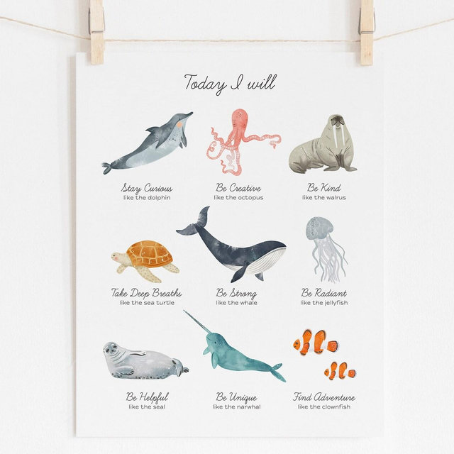 Positive Affirmations Poster, Childrens Affirmations Wall Art, Sea Animals Nursery Poster, Kids Bathroom Wall Art Nautical, Montessori