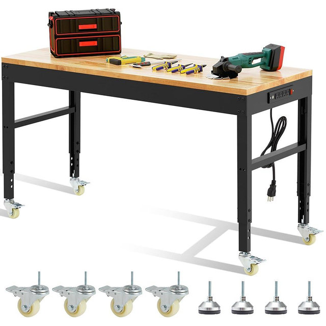 Antifir 60" Heavy Duty Workbench 1800 Lbs Capacity Solid Wood Working Bench Adjustable Height Rolling Work Tables with Power Outlets for Garage Shop Home Office