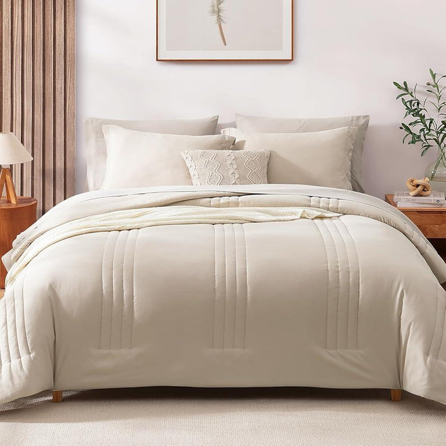 Monbix California King Size Comforter Set - 7 Pieces Bed in a Bag California King, Beige Bedding Sets with Comforter, All Seasons Down Alternative Comforter Bed Set with Sheets, Pillowcases & Shams