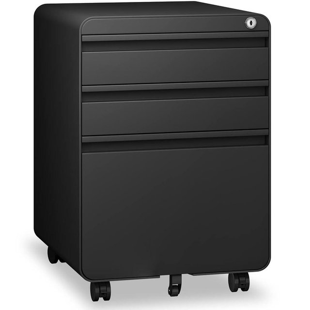 Dripex 3 Drawer File Cabinet, Metal Filing Cabinets with Lock Wheels for Letter/Legal/A4 File, Anti-tilt Under Desk Design, Lockable Rolling Mobile File Cabinet for Home Office (Black)