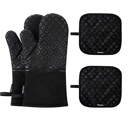 Piduules Set of 4 Oven Mitts and Pot Holders, 482 F Heat Resistant Hot Plate Moving Non-Slip Gloves for BBQ, Grill, Baking, Cooking, Oven, Microwave (Black)