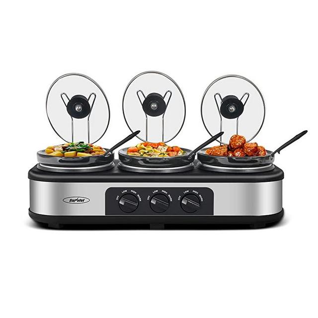 Triple Slow Cooker with Lid Rests, Breakfast Buffet Servers and Warmers with 3 X 1.5Qt, Tempered glass lids & 3 Adjustable Temp, Dishwasher Safe, Stainless Steel