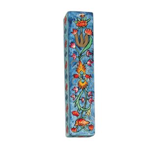 Small Wooden Mezuzah - 10 cm - Flowers Blue