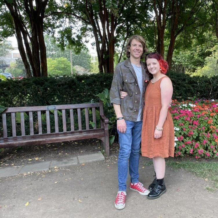 Standing beside the 'Invisible String' bench in Centennial Park in Nashville.