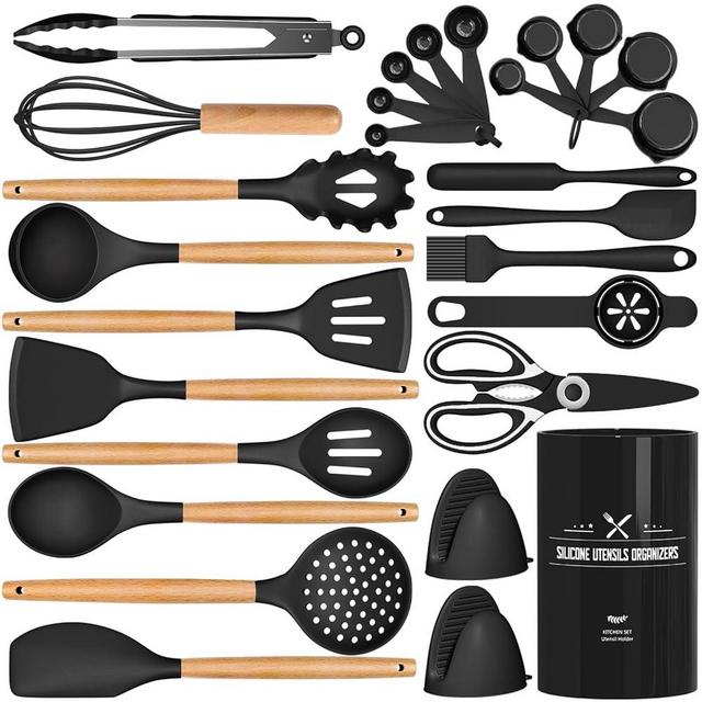 AIKKIL Silicone Kitchen Utensils Set, 28PCS Large Cooking Utensils Set with Holder, kitchen Spatula Set with Wooden Handles, Turner, Spoon, Whisk, Scissors Kitchen Gadgets (Black)