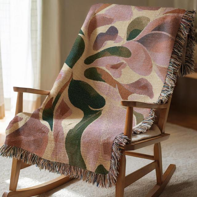 Colorful Abstract Floral Woven Blanket, Pink Green Artistic Tapestry Throw, Modern Botanical Art Blanket, Vibrant Living Room Decor 00230
