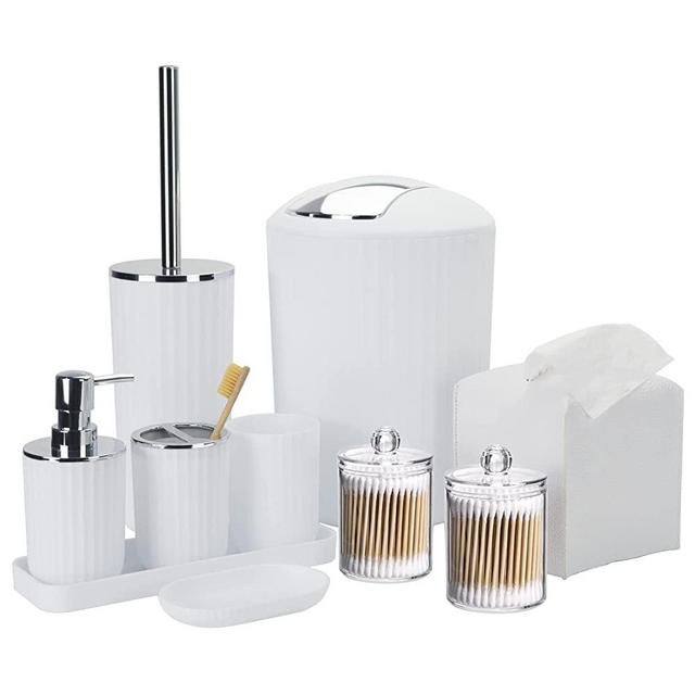 Bathroom Accessory Set - 10 Piece White Bathroom Accessories Set with Trash Can, Toothbrush Holder and Cup, Soap Dispenser, Soap Dish, Toilet Brush Holder, Vanity Tray, Qtip Holder, Tissue Box Cover