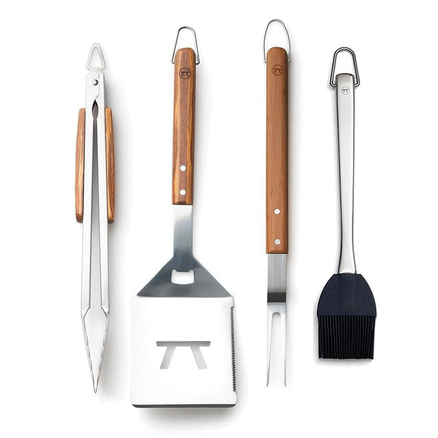 Outset Stainless Steel Grill Tool Set, Verde Collection, Large Spatula, Tongs, Grill Fork, and Sauce Brush