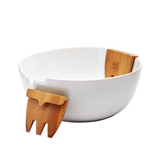 Denmark White and Bamboo Wood Serveware- Parties Catering Entertaining, 3 Piece Salad Bowl Combo