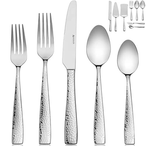 Hudson Essentials 68-Piece Hammered 18/10 Stainless Steel Flatware Silverware Set with Serving Set, Service for 12