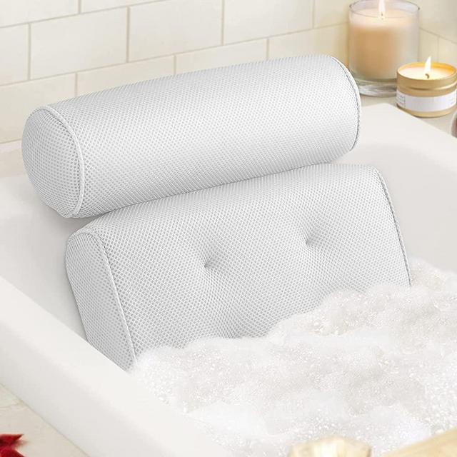 LuxStep Bath Pillow Bathtub Pillow With 6 Non-Slip Suction Cups for Head,Neck and Back Support,15x14 Inch, Extra Thick and Soft Air Mesh Spa Pillow for Bath - Fits All Bathtub, White