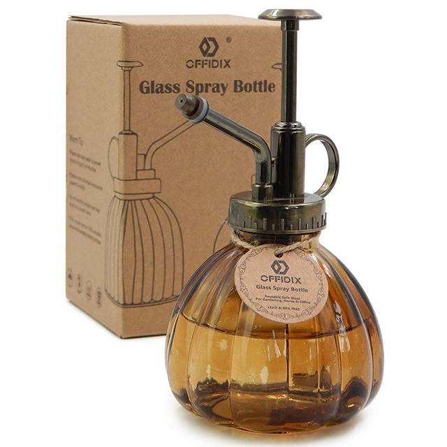 OFFIDIX Glass Watering Spray Bottle,Plant Mister Flower Water Spray Bottle Can Pot 6.3" Tall Vintage Pumpkin Style Spritzer Bronze Plastic Top Pump One Hand Glass Watering Can Indoor(Brown)