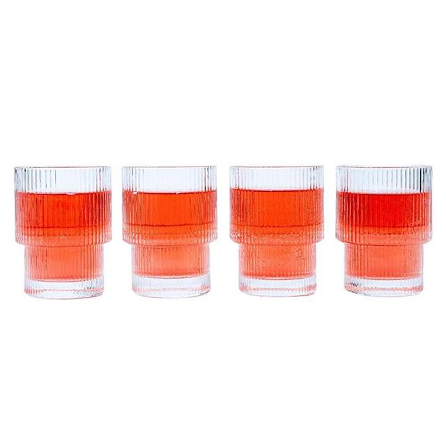 Greenline Goods Ribbed Glassware - 6.5 oz Origami Style Stackable Fluted Glasses - Unique Vintage Ripple Kitchen Cups For Weddings, Cocktails Or Modern Bar - Retro Drinking Glasses Set Of 4