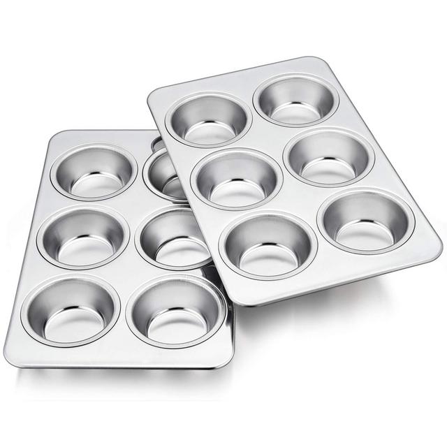 TeamFar Muffin Pan, Stainless Steel 6 Cup Muffin Tins Pans for Baking, Cupcake Pan Tray Set for Making Cakes Cornbread Quiche and More, Healthy Non Toxic, Oven Dishwasher Safe - Set of 2